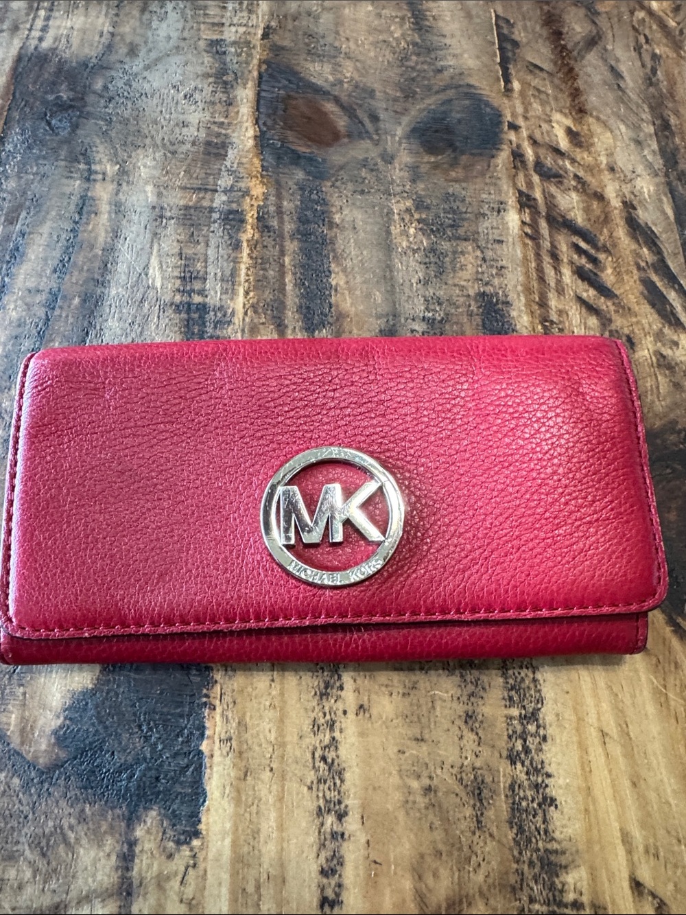 Michael Kors Pink-Red Pebbled Leather Continental Wallet with MK Emblem